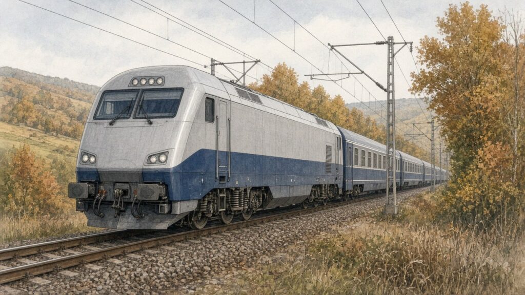 Ilustrație: locomotivă electrică modernă pentru trenuri de călători, pe o linie electrificată