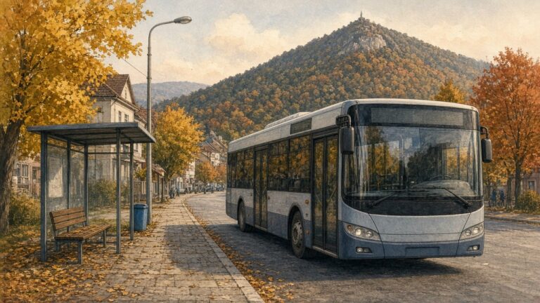 Autobuz urban într-o stație din Brașov, toamna, cu dealurile împădurite în fundal