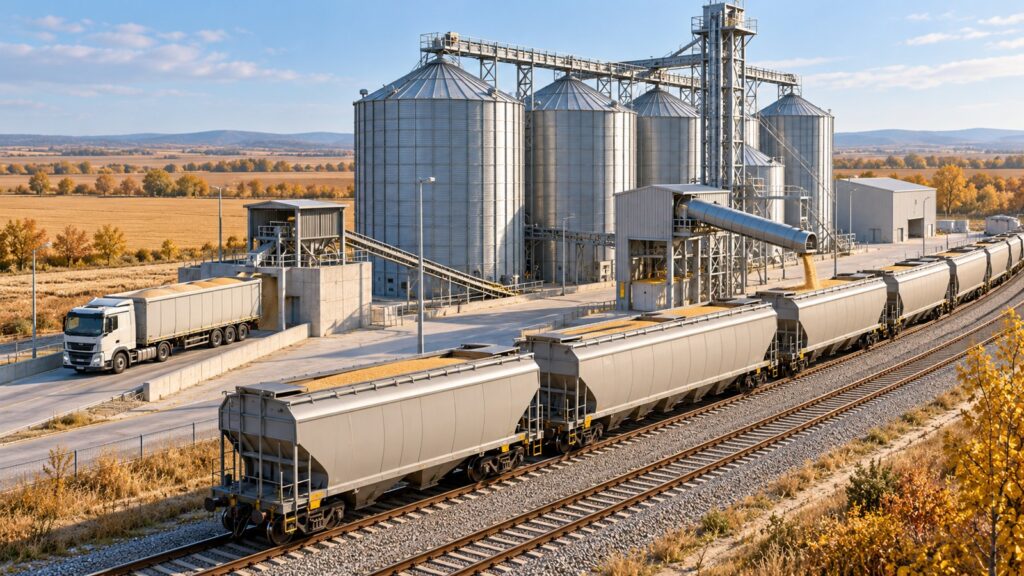 Ilustrație AI cu silozuri, vagoane pentru cereale și camion într-un terminal feroviar generic