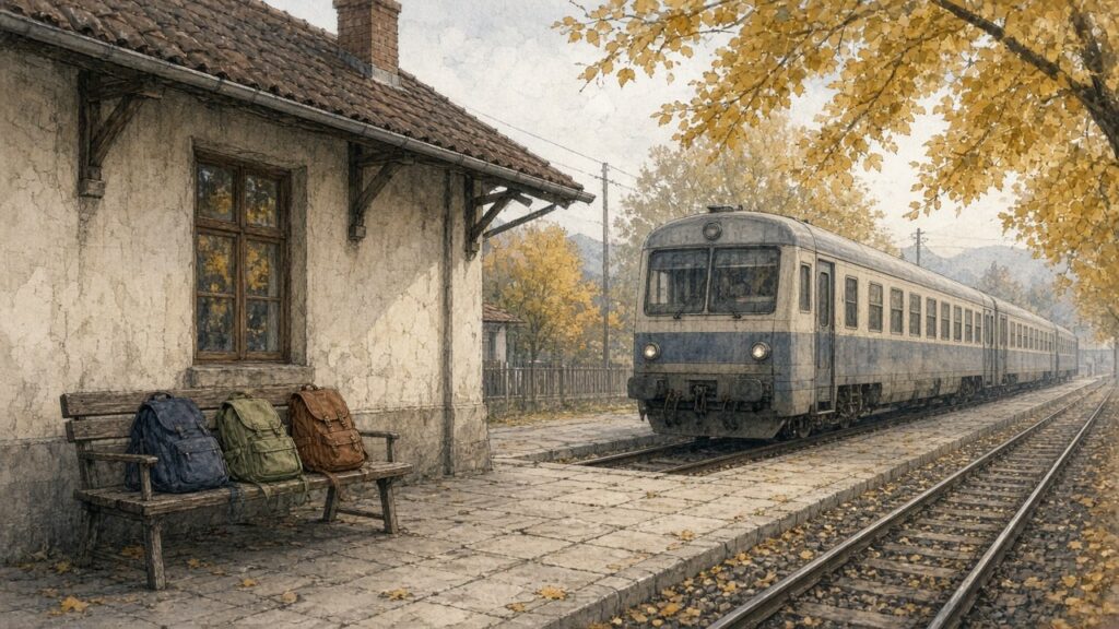 Ilustrație: tren regional într-o gară mică, cu rucsacuri de școală pe o bancă de pe peron