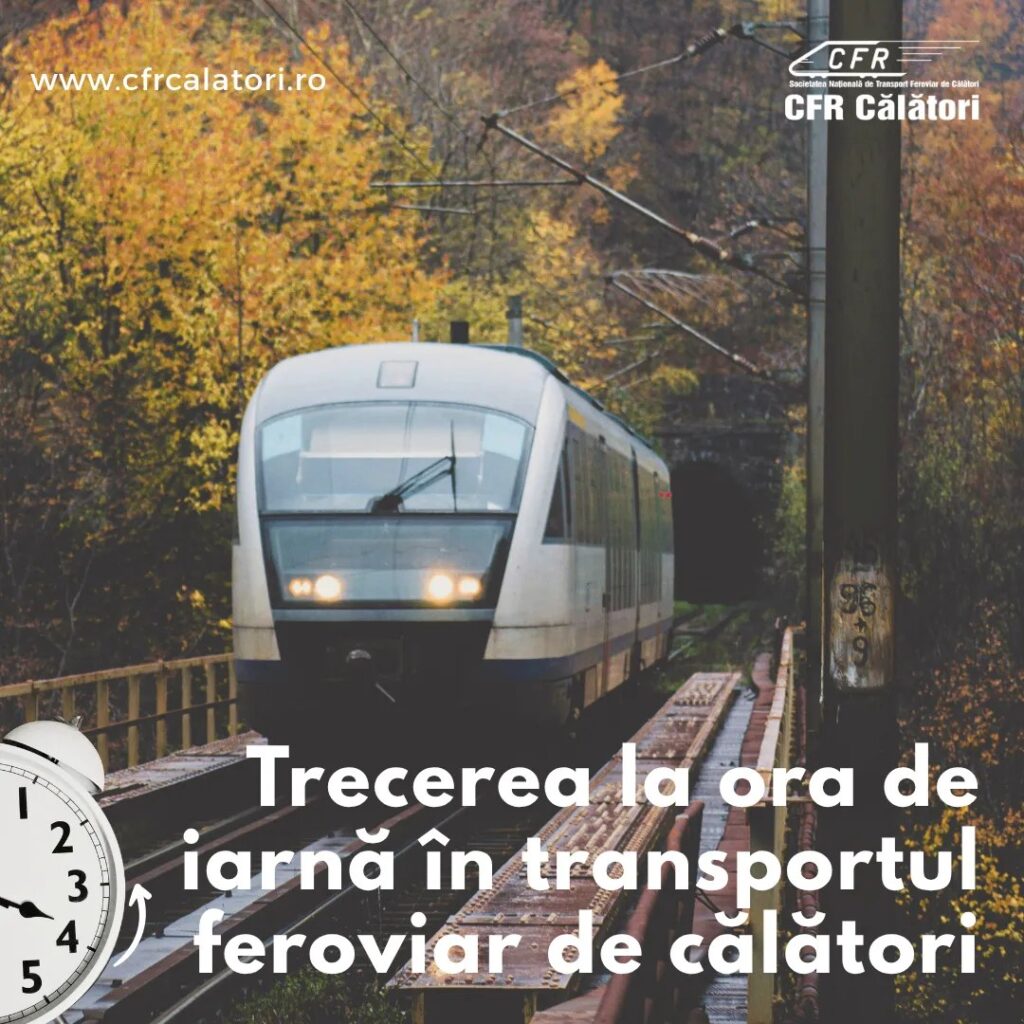 Tren de călători pe un pod de cale ferată, toamna, imagine CFR Călători despre trecerea la ora de iarnă