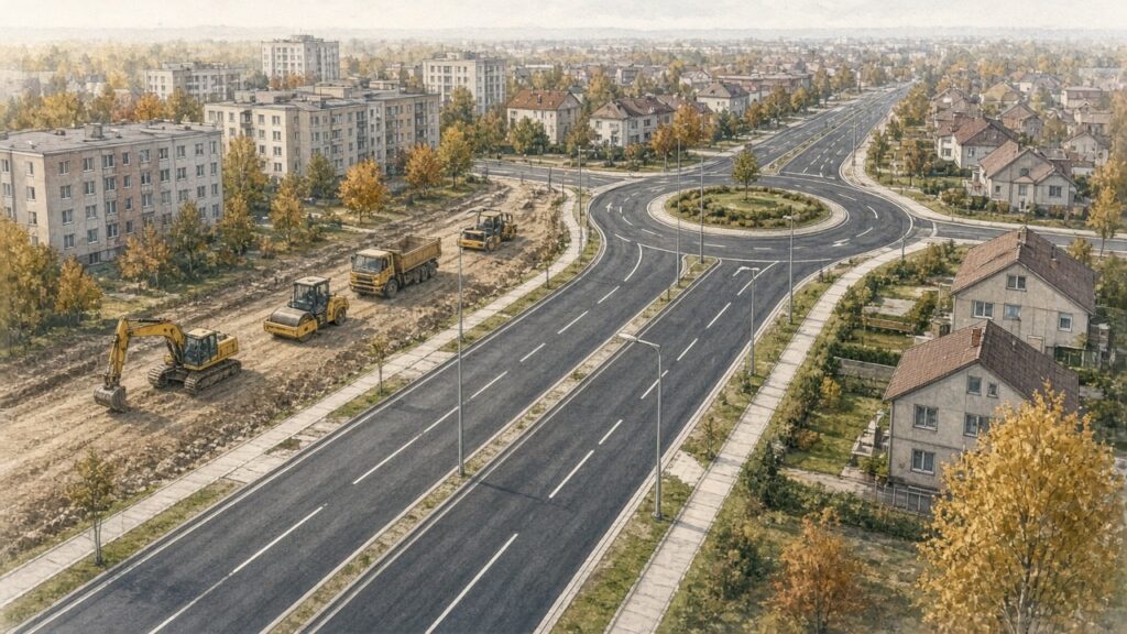 Ilustrație: drum național lărgit la patru benzi, cu sens giratoriu și trotuare noi, la marginea unui oraș