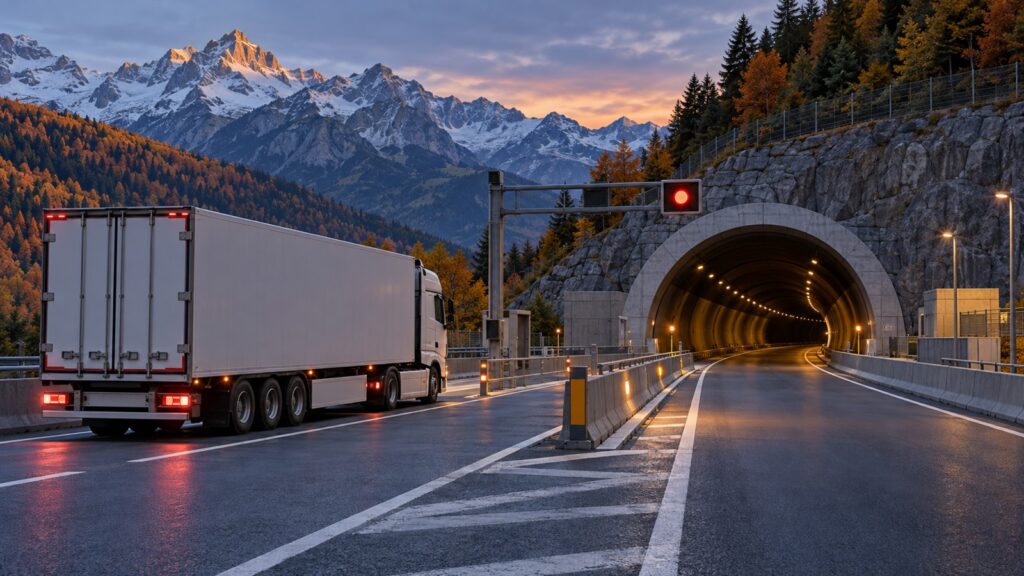 Ilustrație AI: camion așteptând lângă intrarea într-un tunel alpin generic, la un semnal roșu