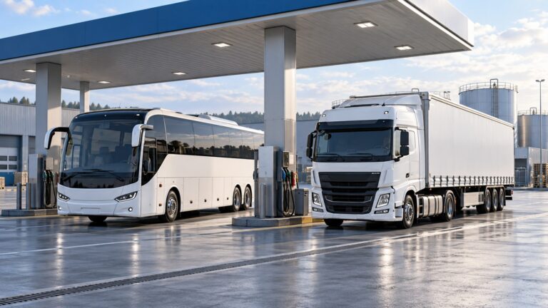 Ilustrație AI: autocar și camion la o zonă de alimentare cu carburant dintr-un depou generic