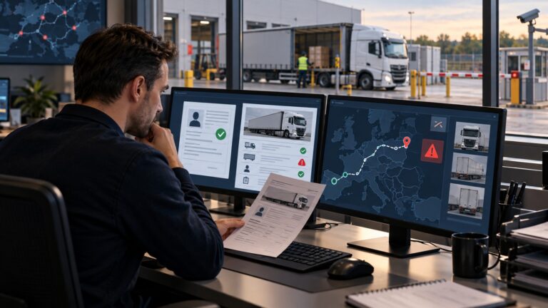 Dispecer care verifică identitatea unui transportator și datele camionului înainte de expediere