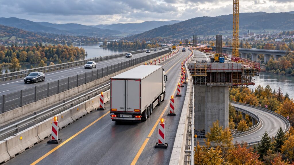 Ilustrație AI: camion pe o bandă deschisă într-o zonă generică de lucrări la un pod de autostradă din Germania