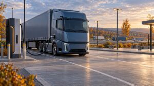 Camion electric la un punct de încărcare într-un spațiu de odihnă de pe o autostradă germană, ilustrație business realistă.