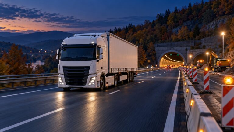 Ilustrație AI: camion pe o autostradă din Germania, lângă o zonă de lucrări nocturne