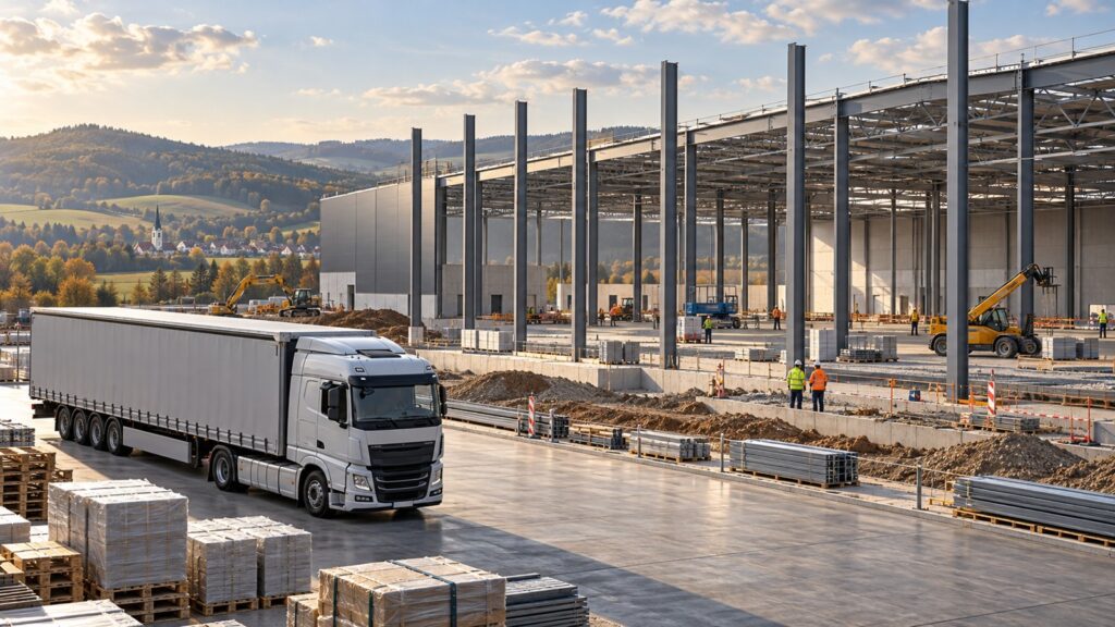 Ilustrație AI cu o hală logistică în construcție și un camion, inspirată de proiectul Jena–Apolda
