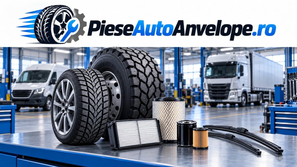 Anvelope, filtre și ștergătoare într-un atelier, cu logo-ul PieseAutoAnvelope.ro — ilustrație AI