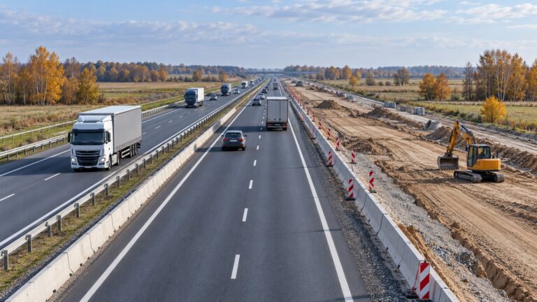 Ilustrație AI cu șantier de extindere a unei autostrăzi din Polonia și trafic de camioane