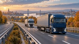 Camioane pe o autostradă în apropierea unei frontiere europene, ilustrație business realistă.