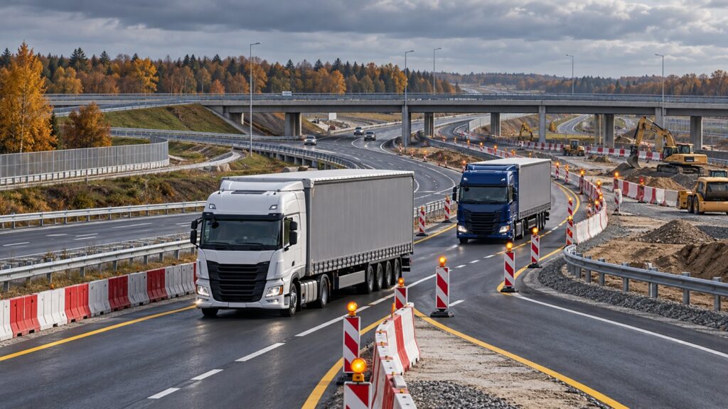 Camioane care traversează în siguranță o zonă de lucrări la un nod rutier din Polonia