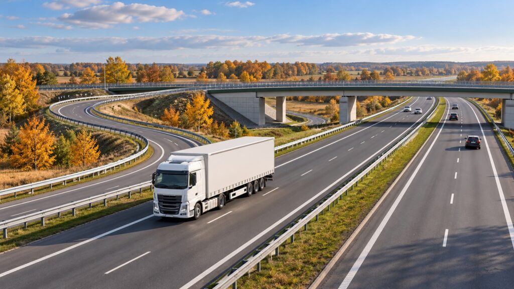 Ilustrație AI: camion pe un drum expres din Polonia, lângă o rampă de legătură și un pasaj