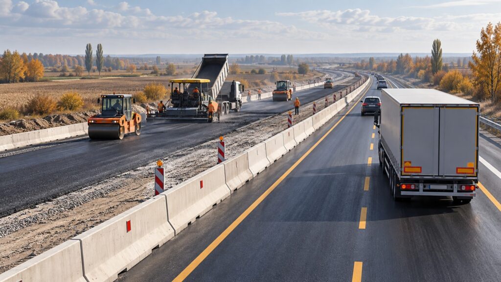 Ilustrație AI cu lucrări de reabilitare pe o autostradă sârbă și camion pe bandă temporară