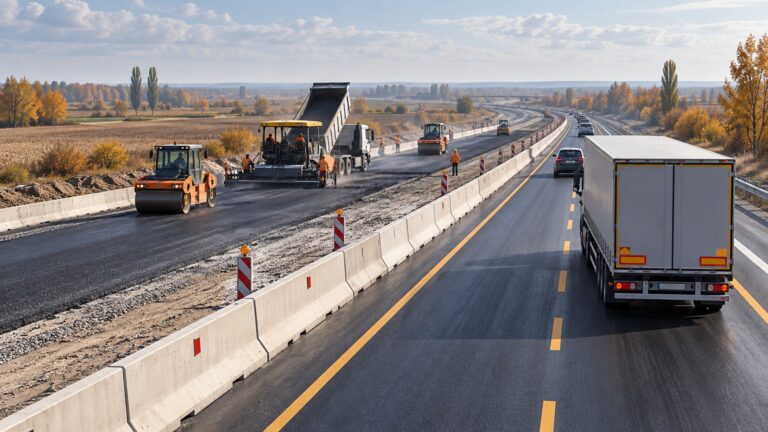 Ilustrație AI cu lucrări de reabilitare pe o autostradă sârbă și camion pe bandă temporară
