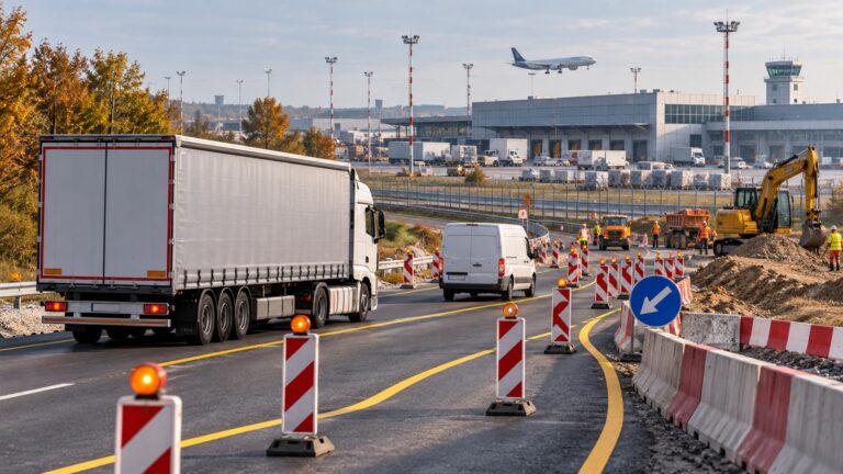 Camion și autoutilitară traversând o zonă de lucrări pe drumul spre aeroportul din Belgrad