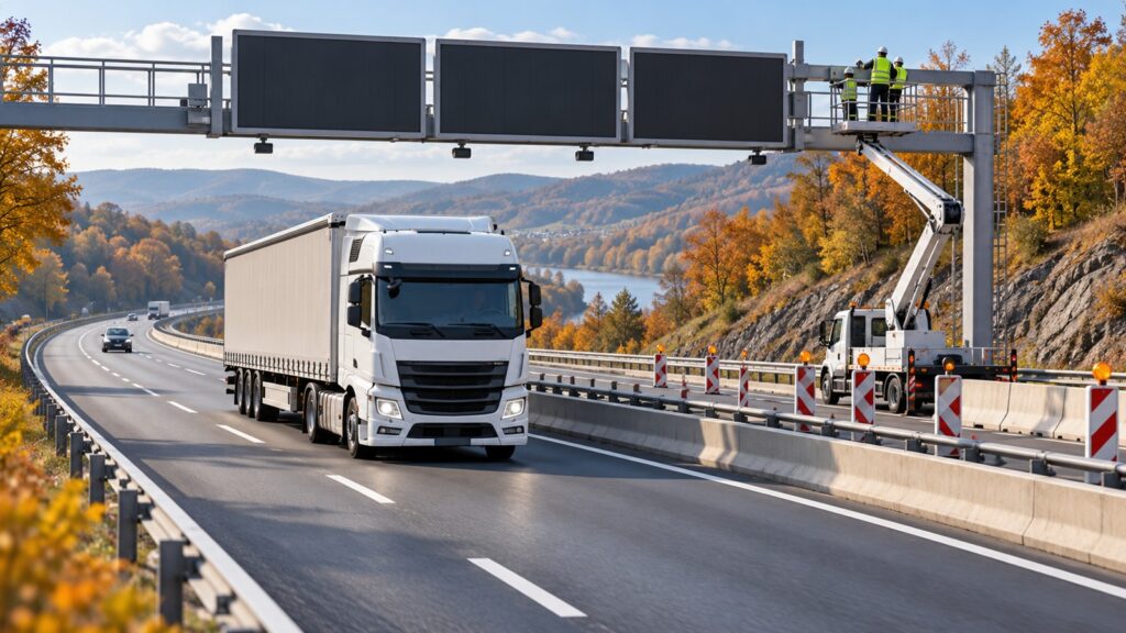 Ilustrație AI: camion pe o autostradă din Serbia, lângă o zonă de verificare a unui portal de semnalizare