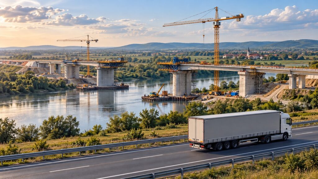 Ilustrație AI cu un pod rutier în construcție și un camion, inspirată de centura Svilajnac din Serbia