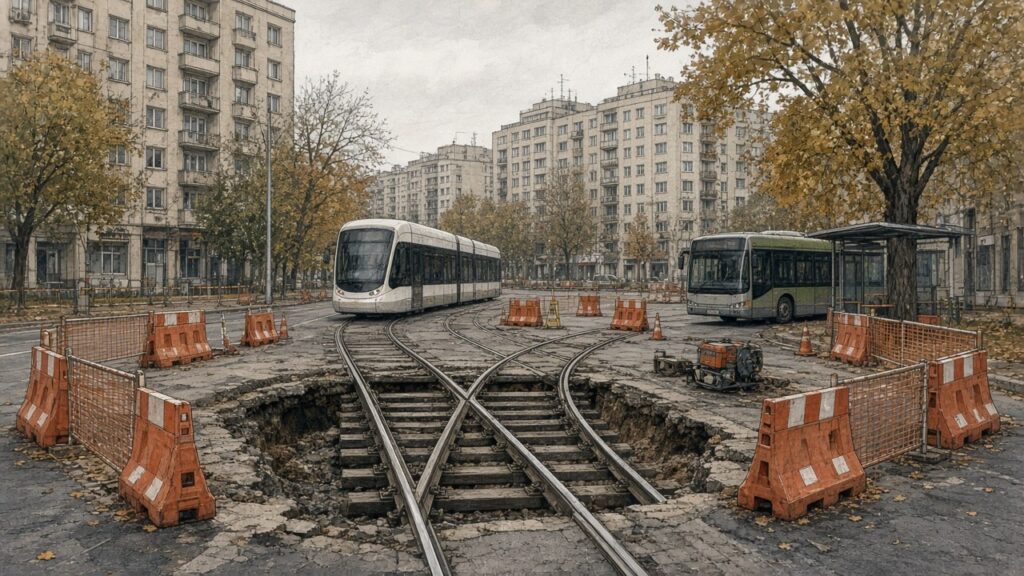 Intersecție cu linii de tramvai în lucru, împrejmuită cu bariere, cu un tramvai și un autobuz în fundal