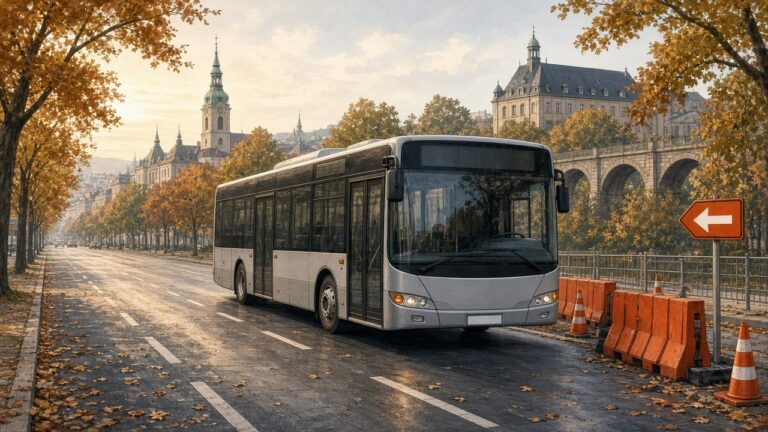 Autobuz metropolitan lângă o zonă de lucrări cu indicator de ocolire