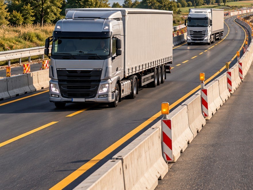Ilustrație: camioane pe o autostradă, lângă parapeți de beton și balize de semnalizare