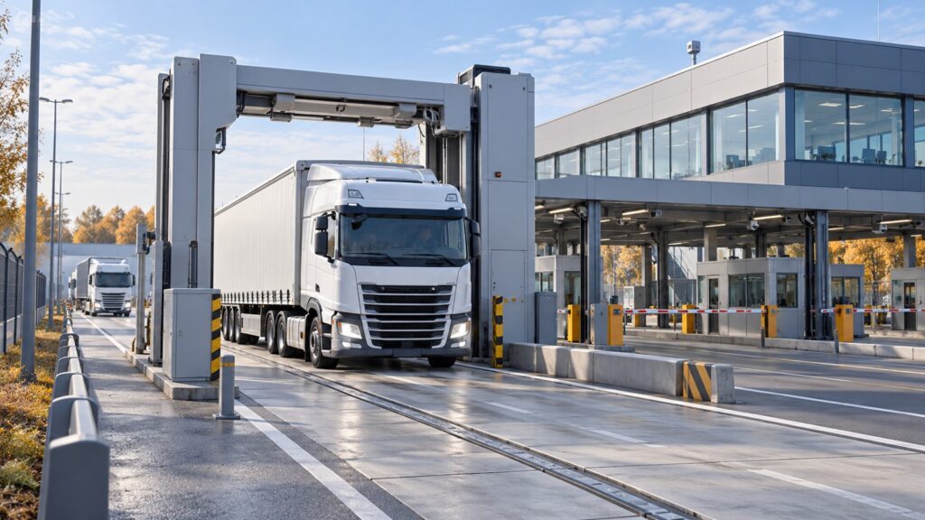 Ilustrație AI: camion la un terminal vamal generic din Ucraina, lângă echipamente de control al mărfurilor
