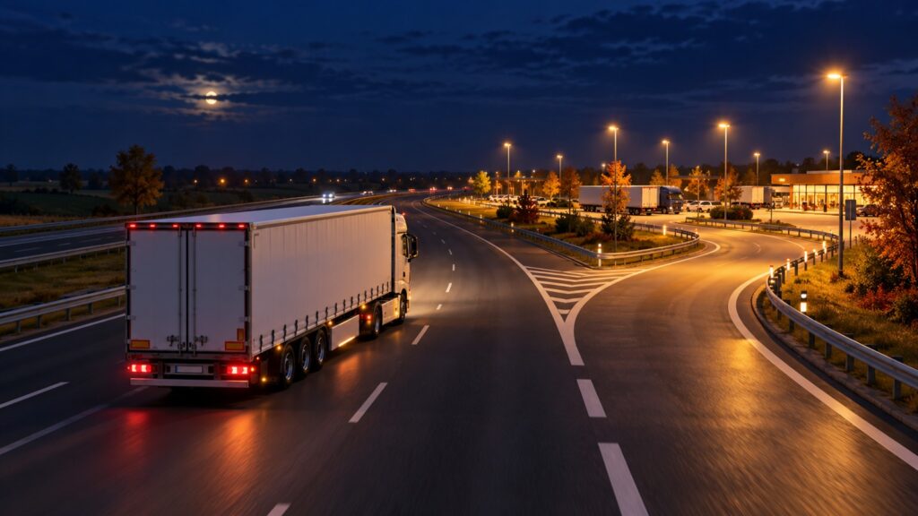 Ilustrație AI: camion pe o autostradă din Ungaria, noaptea, lângă ieșirea spre un spațiu de servicii