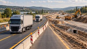 Ilustrație AI cu camioane pe o autostradă în reconstrucție, inspirată de proiectul M1 din Ungaria