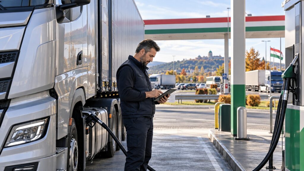 Șofer de camion verificând documentele unei alimentări cu motorină într-o stație din Ungaria