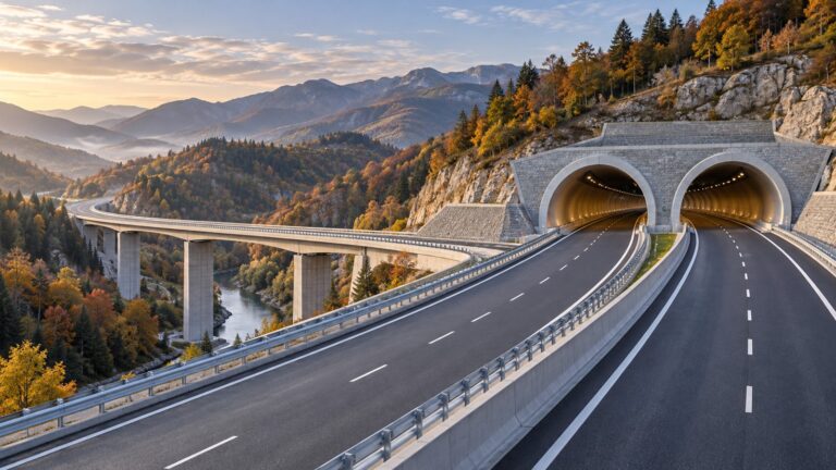 Ilustrație AI cu autostradă, tuneluri și viaduct într-un peisaj montan bosniac
